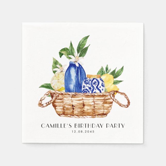 Watercolor Lemon Mediterranean Basket Birthday Napkin (Front)