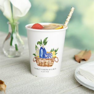 Watercolor Lemon Mediterranean Basket Birthday Paper Cups