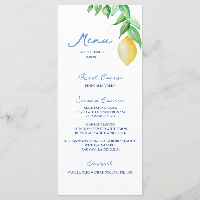 Watercolor Lemon Mediterranean Blue  Menu (Front)