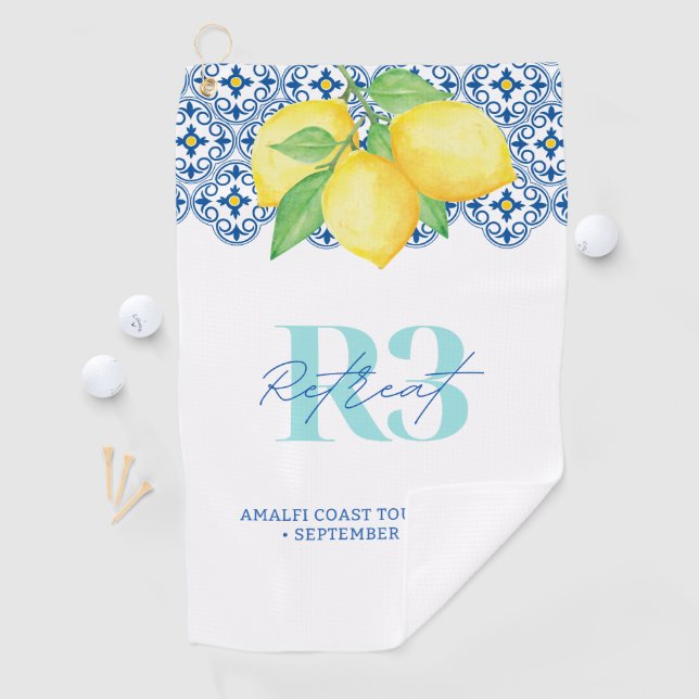Watercolor Lemon Mediterranean Blue Tile Logo Golf Towel (InSitu)