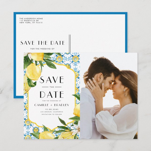 Watercolor Lemon Mediterranean Photo Save the Date Announcement Postcard (Front/Back)