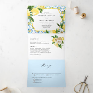 Watercolor Lemon Mediterranean Summer Wedding Tri-Fold Invitation