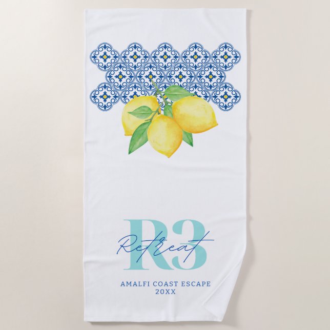 Watercolor Lemon Mediterranean Tile Logo Beach Towel (Front)