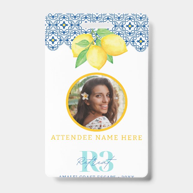 Watercolor Lemon Mediterranean Tile Logo Photo ID Badge (Front)