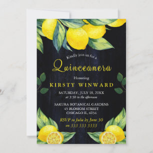 Watercolor Lemon Navy Blue Wood Quinceanera Invitation