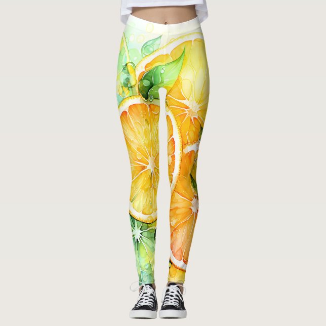 Watercolor Lemon Orange Lime Botanical Kitchen Leggings (Front)