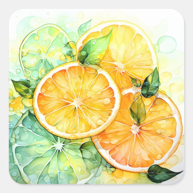 Watercolor Lemon Orange Lime Botanical Kitchen Square Sticker (Front)