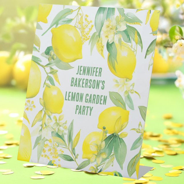 Watercolor Lemon Pattern Birthday Party Pedestal Sign (Creator Uploaded)