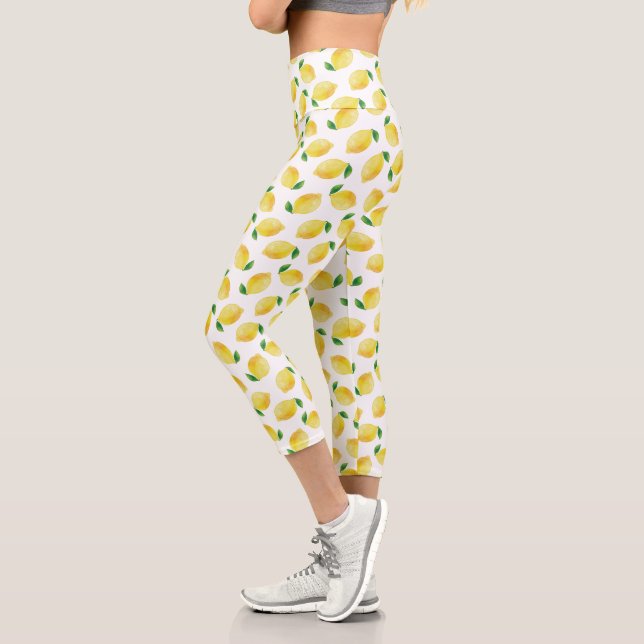 Watercolor Lemon Pattern Capri Leggings (Left)