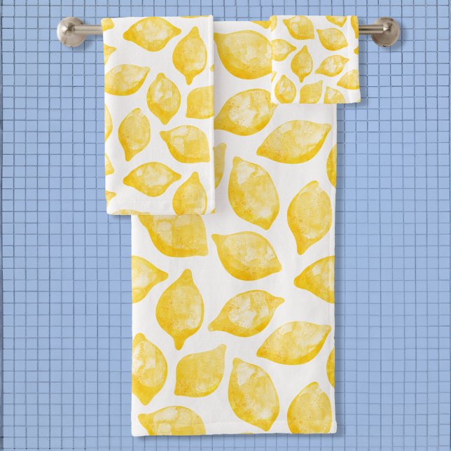 Watercolor Lemon Pattern Citrus Bath Towel Set (Modern citrus lemon fruit watercolor art bathroom towel set)