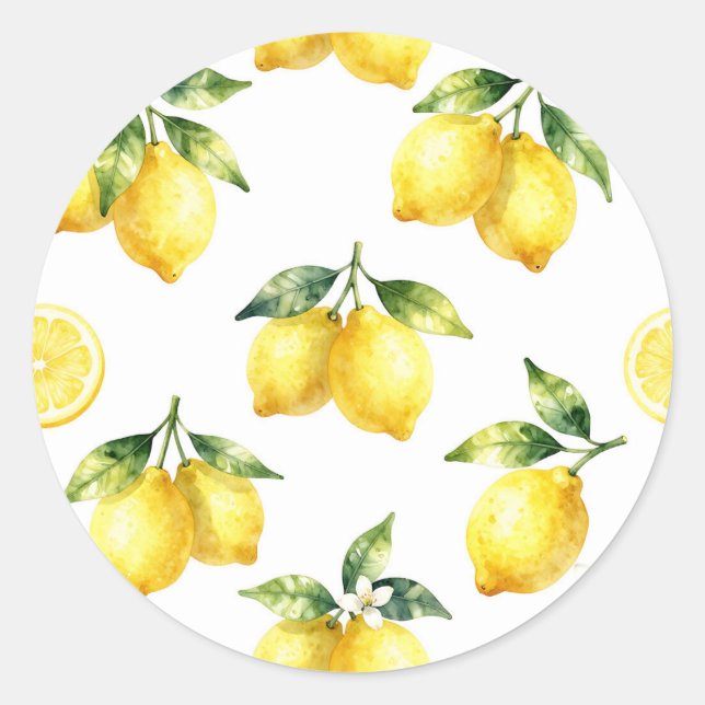 Watercolor Lemon Pattern Classic Round Sticker (Front)