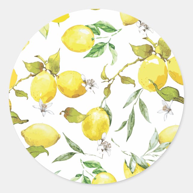 Watercolor Lemon Pattern Classic Round Sticker (Front)