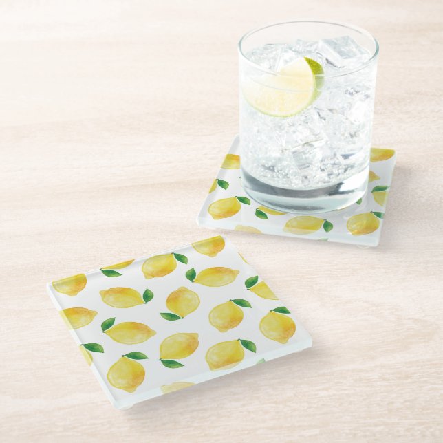 Watercolor Lemon Pattern Glass Coaster (Angled)