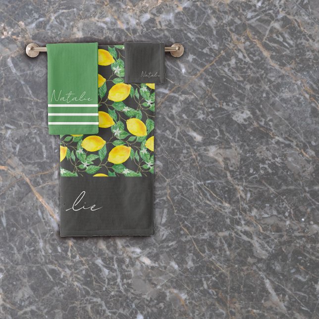 Watercolor lemon pattern grey name  bath towel set (Creator Uploaded)