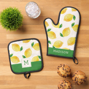 Watercolor Lemon Pattern Oven Mitt & Pot Holder Set