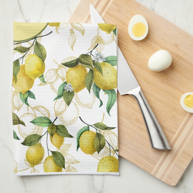 Watercolor Lemon Pattern Personalised Initial  Tea Towel (Quarter Fold)