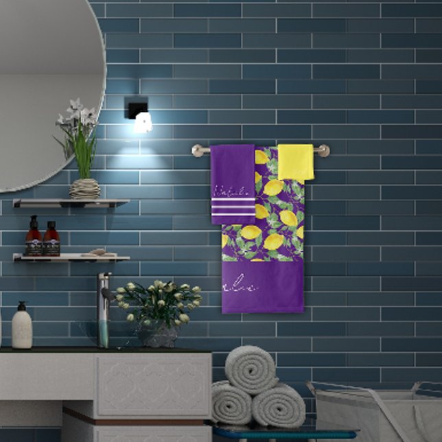 Watercolor lemon pattern purple name  bath towel set (Creator Uploaded)