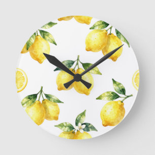 Watercolor Lemon Pattern Round Clock
