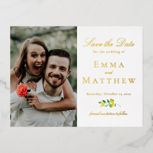 Watercolor Lemon Photo White Foil Invitation Postcard