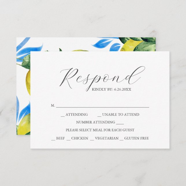 Watercolor Lemon RSVP Cards with Meal Choice (Front/Back)