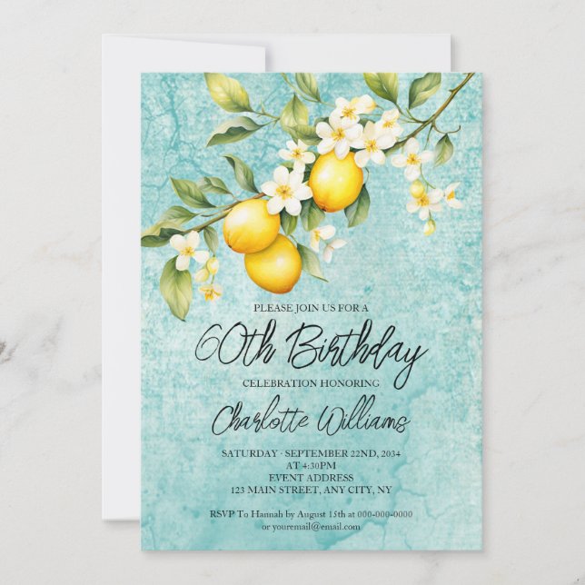 Watercolor Lemon Themed 60th Birthday Invitation (Front)