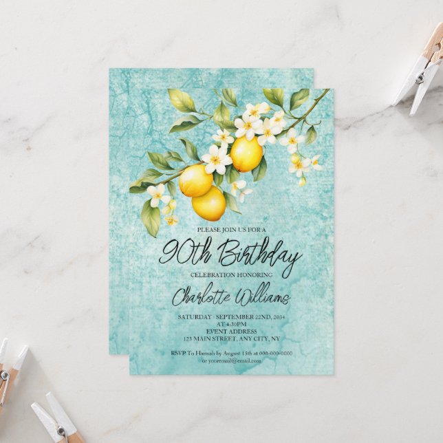 Watercolor Lemon Themed 90th Birthday Invitation (Front/Back In Situ)