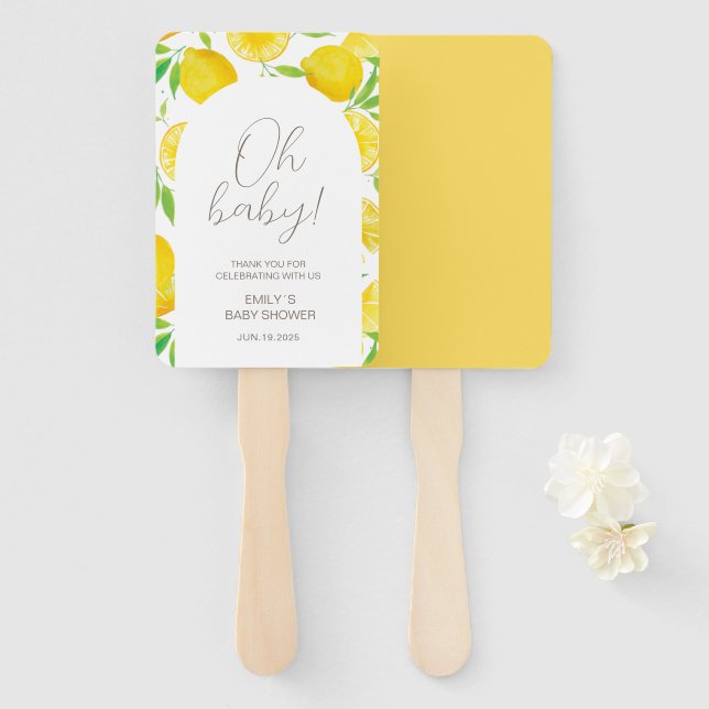 Watercolor Lemon Themed Baby Shower Hand Fan (Front and Back)