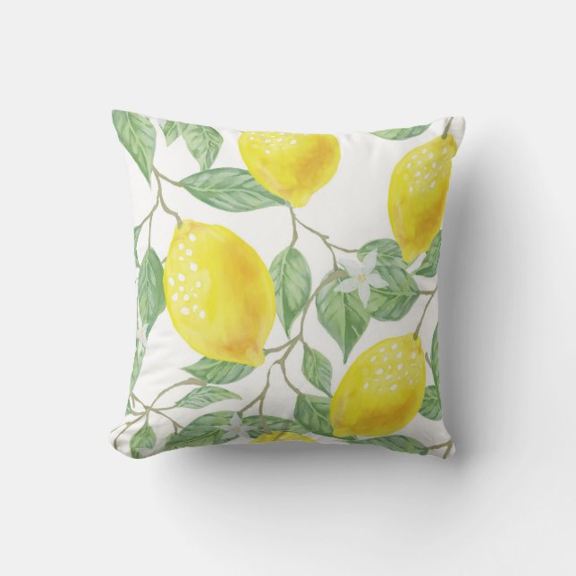 Watercolor Lemon Tree And Leaves Pattern Cushion (Front)