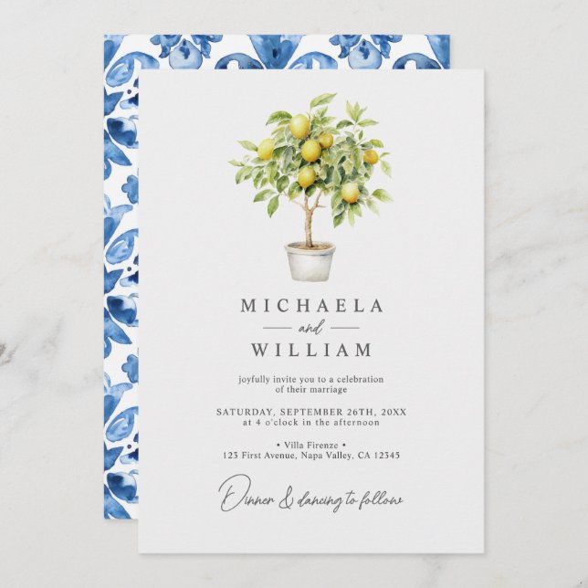 Watercolor Lemon Tree & Mediterranean Tile Wedding Invitation (Front/Back)