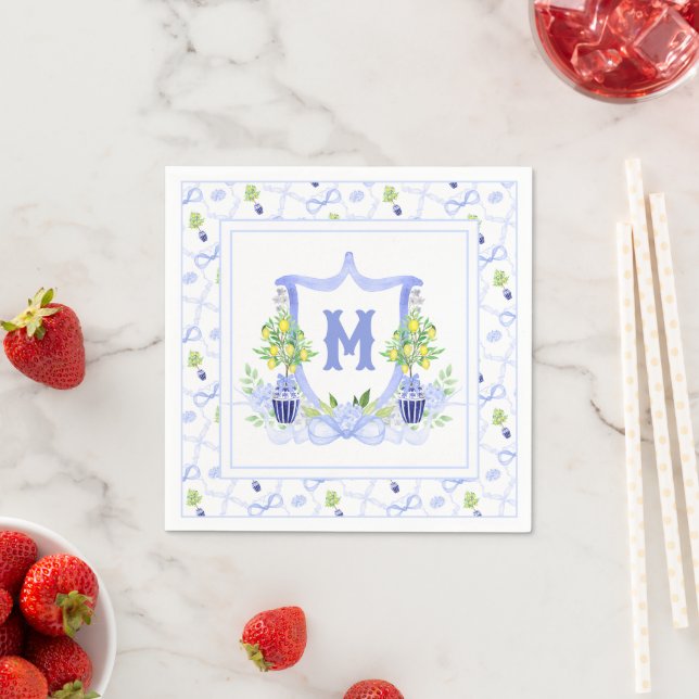 Watercolor Lemon Tree Monogram Crest Napkin (Insitu)