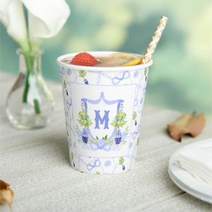 Watercolor Lemon Tree Monogram Crest Paper Cups