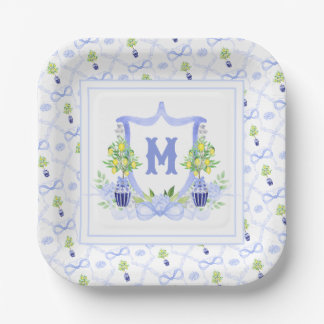 Watercolor Lemon Tree Monogram Crest Paper Plate
