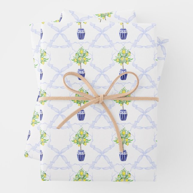 Watercolor Lemon Tree Monogram Crest Wrapping Paper Sheet (In situ)