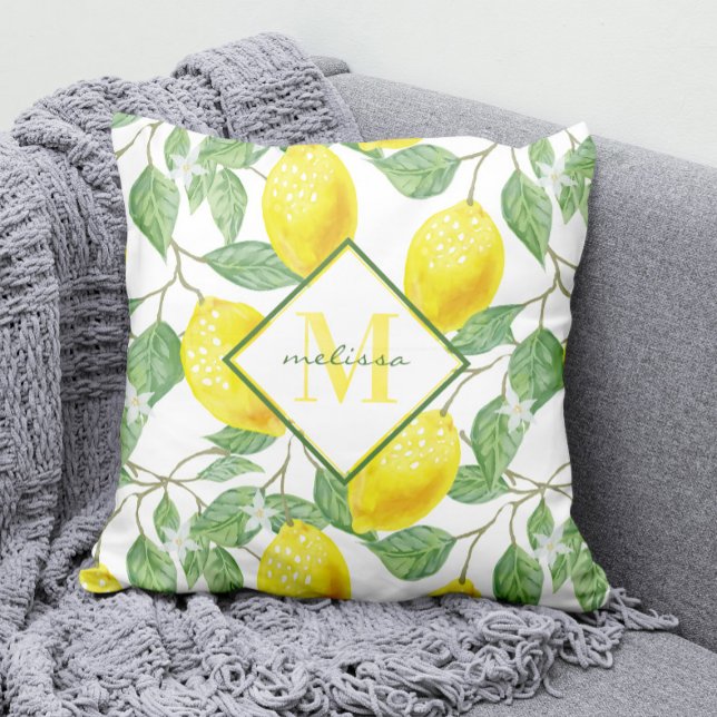Watercolor Lemon Tree Pattern Name and Monogram Cushion (Add a touch of ZEST to any room with our modern Lemons Pattern and Monogram Throw Pillow! )