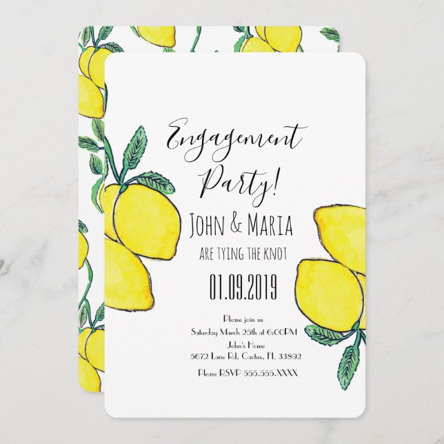 Watercolor Lemon Vine Greenery Engagement Party Invitation (Front/Back)