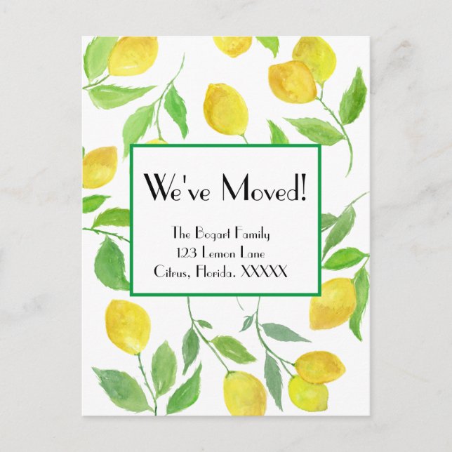 Watercolor Lemon Vines We've Moved Postcard (Front)
