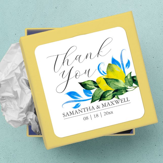 Watercolor Lemon Wedding Favour Square Sticker (Wedding Favor Sticker watercolor lemon Mykonos blue art by Victoria Grigaliunas)