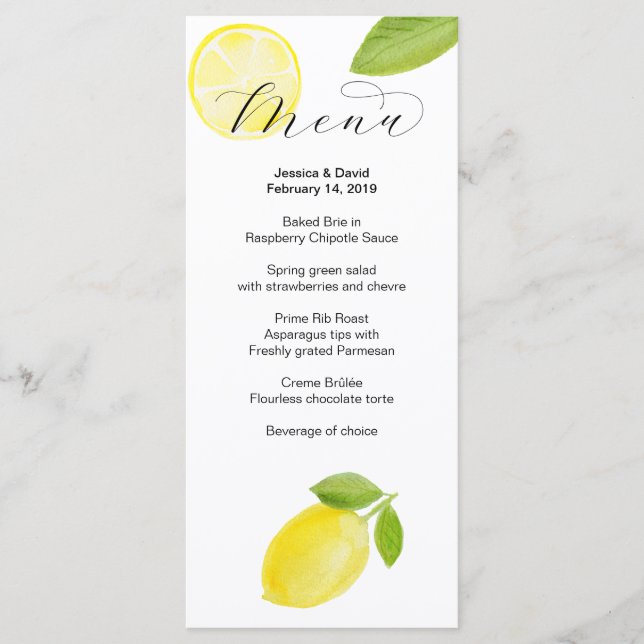 Watercolor Lemon Wedding Menu (Front)