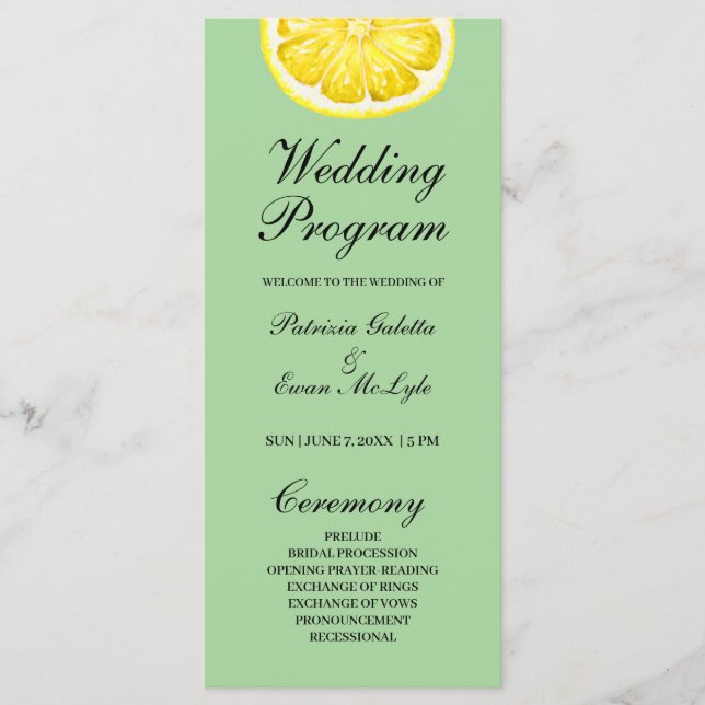 Watercolor Lemon Wedding program 4x9 flat Menu (Front)