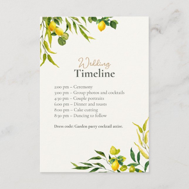 Watercolor Lemon Wedding Timeline with QR Code Enclosure Card (Front)