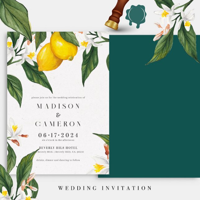 Watercolor Lemon, White Flower Wedding Invitation (Creator Uploaded)