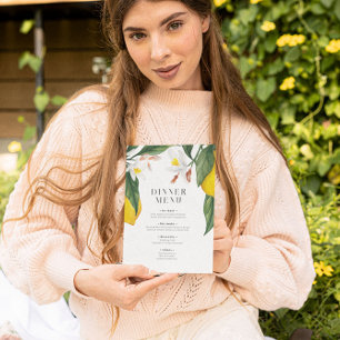 Watercolor Lemon, White Flower Wedding Menu Invitation