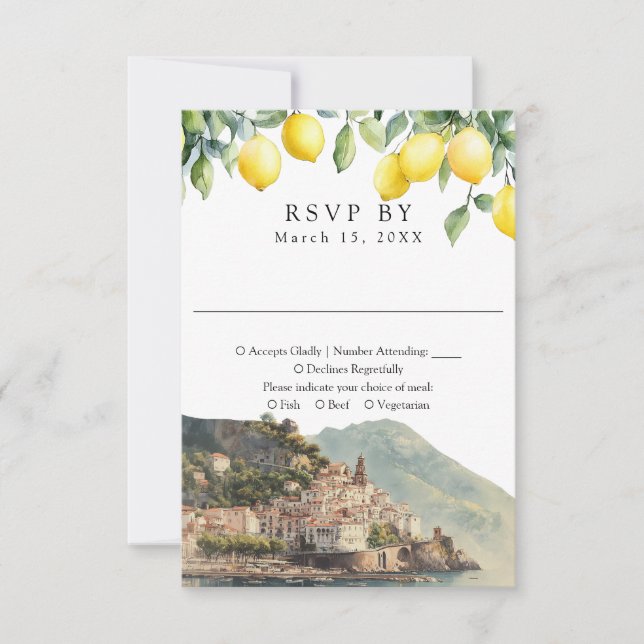 Watercolor Lemons Amalfi Coast Italy Wedding RSVP Card (Front)