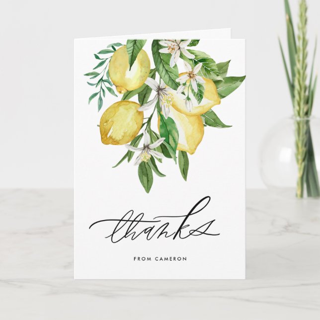 Watercolor Lemons and Blossoms Birthday Party Thank You Card (Front)