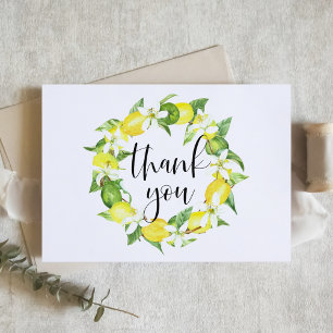 Watercolor Lemons and Blossoms Wreath Wedding Thank You Card