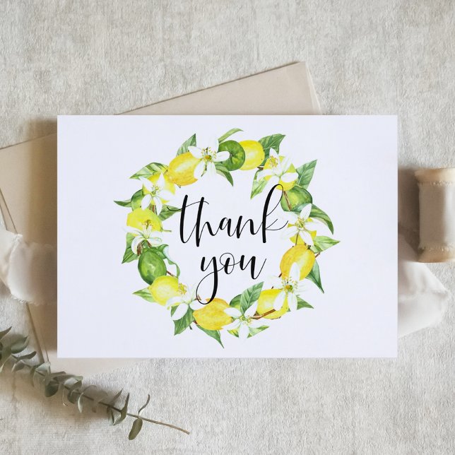Watercolor Lemons and Blossoms Wreath Wedding Thank You Card (Creator Uploaded)