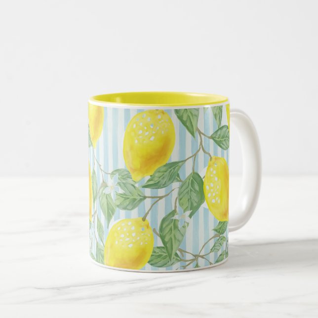 Watercolor Lemons and Blue Stripes Two-Tone Coffee Mug (Front Right)