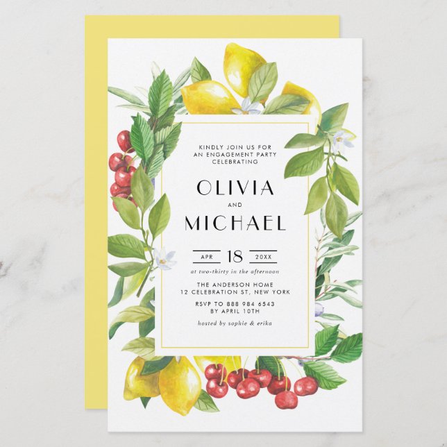 Watercolor Lemons and Cranberries Engagement Party (Front/Back)
