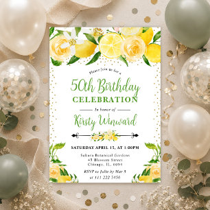 Watercolor Lemons and Flowers 50th birthday Invitation