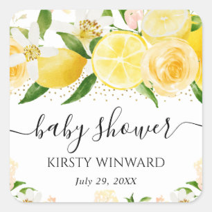 Watercolor Lemons and Flowers Baby Shower Square Sticker